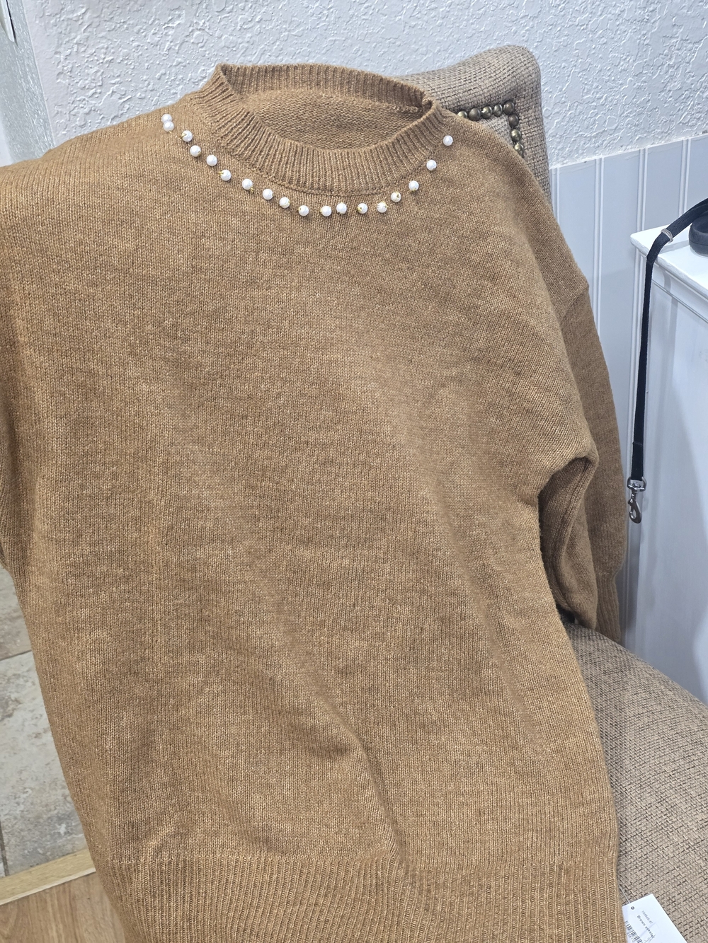Pearl-Trim Crewneck Sweater in Camel